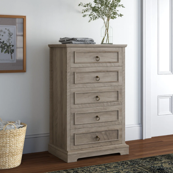French Country-Inspired 5-Drawer Chest with Metal Ring Handles, Paneled Detailing, and Classic Crown Molding