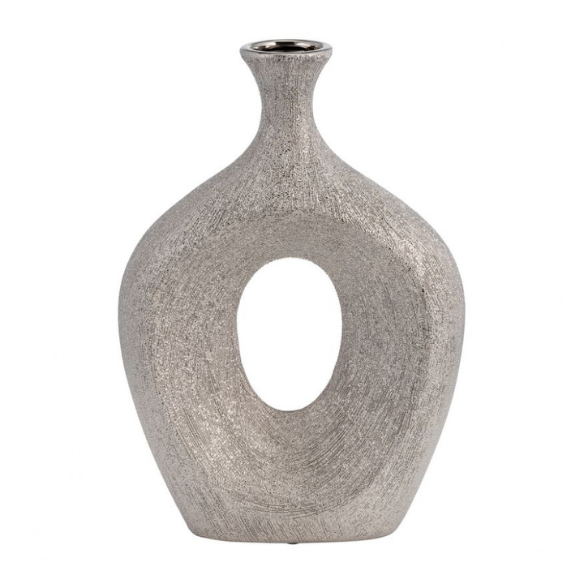 Abstract Sculptural Ceramic Vase with Unique Oval Cut-Out Design – 13" Modern Beaded Accent Vase for Tabletop or Shelf Décor, Ideal for Faux Florals and Statement Styling