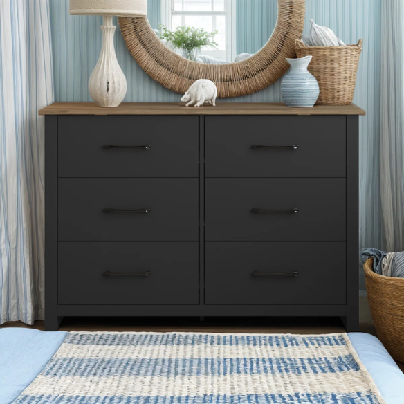 Modern 6-Drawer Double Dresser with Flared Feet and Sleek Black Metal Handles