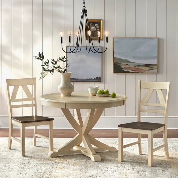 Country-Style 3-Piece Dining Set – Round Beadboard Table with X-Base and Geometric Back Chairs