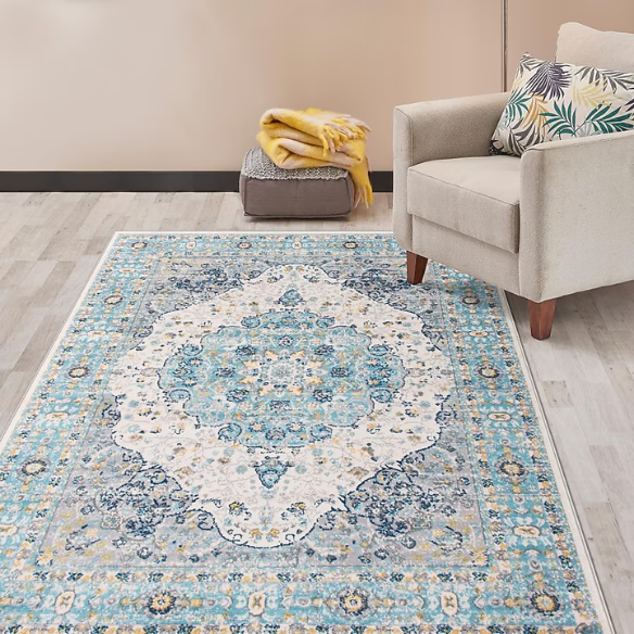 Distressed Oriental-Inspired Indoor Rug – Blue, Yellow & Cream Medallion Pattern, Stain-Resistant, Fade-Resistant, Perfect for Traditional & French Country Décor