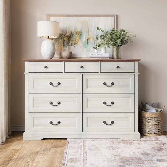 Rustic Modern 9-Drawer 53.5'' Double Dresser with Inset Paneling, Crown Molding, and Customizable Metal Handles
