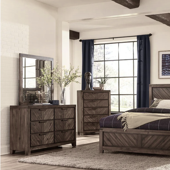 3-Piece Cherry Modern Panel Bedroom Set – Rustic Elegance with V-Matched Planks, Acacia Veneers, and Antiqued Hardware