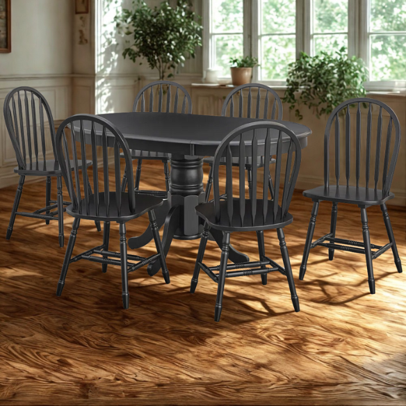 7-Piece Farmhouse Solid Wood Dining Set with Extension Leaf – Pedestal Table & Windsor Chairs