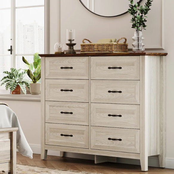 French Country-Inspired 8-Drawer 47.3" Double Dresser with Rustic Finish, Crown Molding, and Tapered Legs