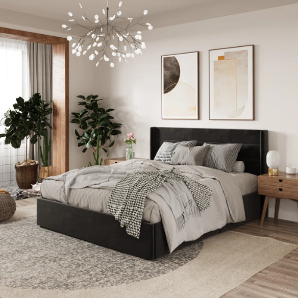 Luxurious Velvet Upholstered Hydraulic Lift-Up Storage Platform Bed – Full/Double Size with Sleek Design & Maximized Space
