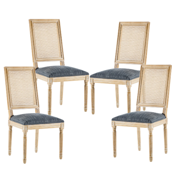 French Country Wood and Cane Upholstered Dining Chairs – Weathered Rubberwood Frame with Fluted Legs & Rectangular Cane Backrest