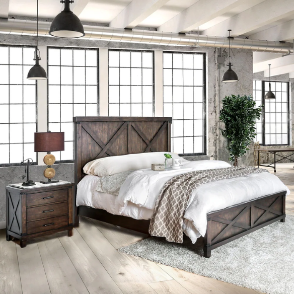 Rustic Dark Walnut 2-Piece King Size Panel Bed and Nightstand Set with X-Shape Accents and Metal Corners