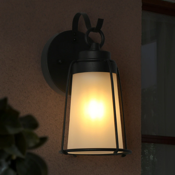 1-Light Farmhouse Black Outdoor Wall Sconce – Cylindrical LED Glass Shade, Dimmable, Textured Finish for Porch, Garage & Exterior Spaces