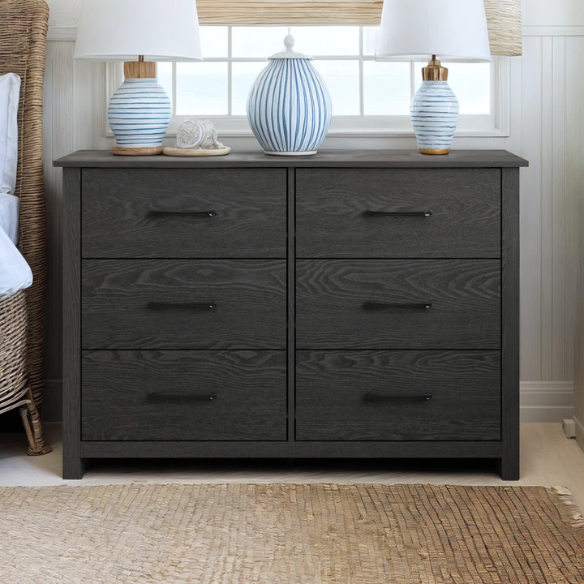 Modern 6-Drawer Double Dresser with Flared Feet and Sleek Black Metal Handles