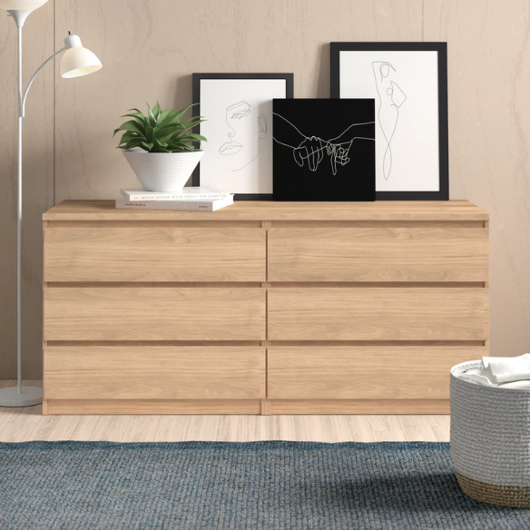 Versatile 60.5" 6-Drawer Double Dresser with Smooth Metal Glides and Clean-Lined Silhouette