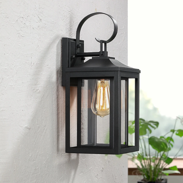 1-Light Outdoor Wall Sconce – Modern Lantern Design with Black Finish & Clear Seeded Glass for Porches, Entryways, and More