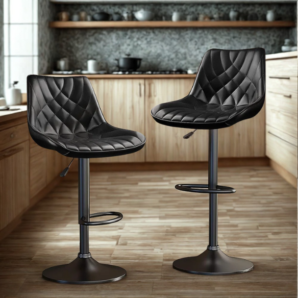 Set of 2 Adjustable Height Swivel Bar Stools with Back – Mid-Century Modern Design, Polished Chrome Base, Ergonomic Imitation Leather Seat, 360° Rotation for Kitchen Island or Bar