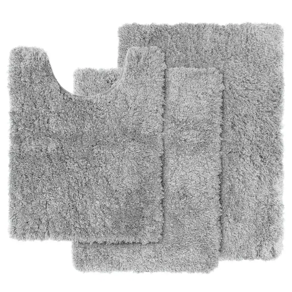 Light Grey Shaggy Bath Rug Set – Ultra-Soft Microfiber Non-Slip Bathroom Mat with Rubber Backing (2 or 3-Piece Set)
