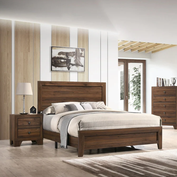 Elegant 5-Piece Cherry Brown Transitional Wood Grain Panel Bedroom Set with Timeless Style and Modern Touch