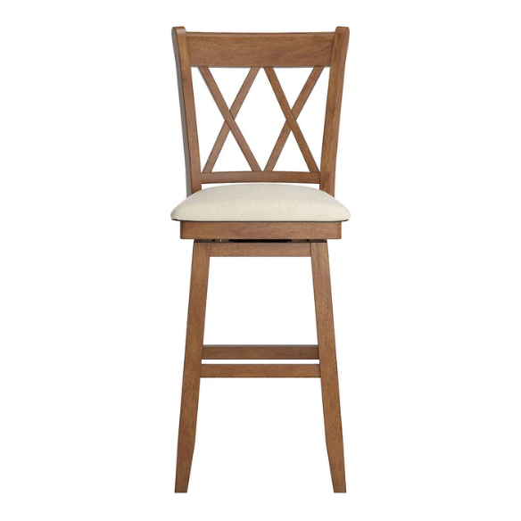 Double X Back Wood Swivel Bar Stool – Vintage Charm with Upholstered Linen Seat Cushion, Swivel Function, and Distressed Finishes for Elegant Bar or Counter Seating