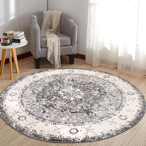 Distressed Oriental-Inspired Indoor Rug – Gray, Silver & Ivory Medallion Pattern, Stain-Resistant, Fade-Resistant, Perfect for Traditional & French Country Décor