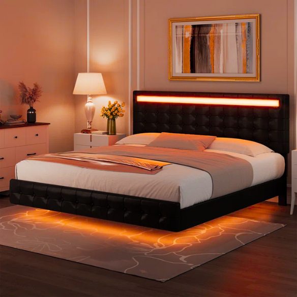 Queen Size LED Lit Platform Bed with Tufted Headboard – Modern and Stylish Design