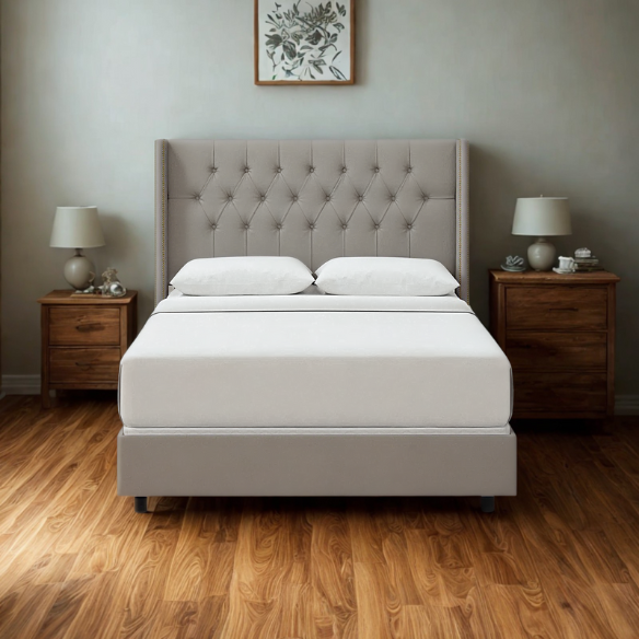 Timeless Upholstered Wingback King Size Bed with Button Tufting and Nailhead Trim