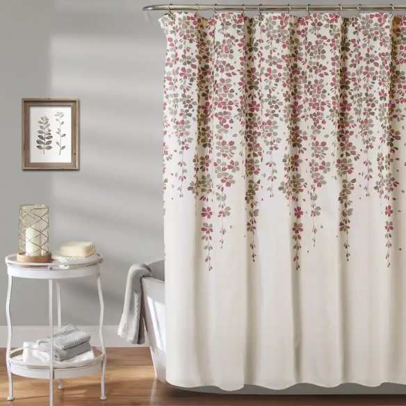 Burgundy, Grey, and White Weeping Flower Shower Curtain – Elegant Floral Bathroom Décor, 72" x 72"