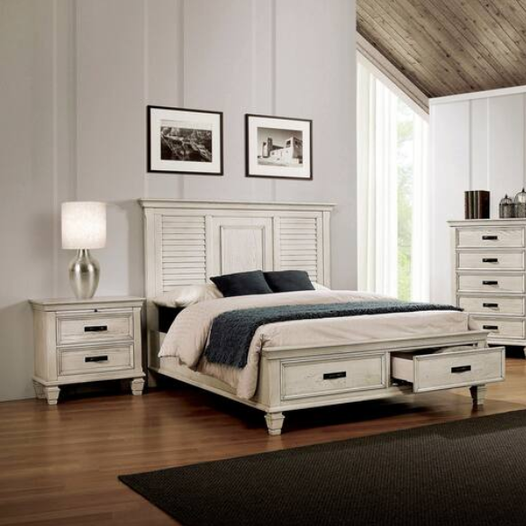 Rustic 2-Piece Wood Panel Bedroom Set with Louvered Headboard & Nightstand – Wire-Brushed Finish and Millwork Trim for a Warm, Homely Touch