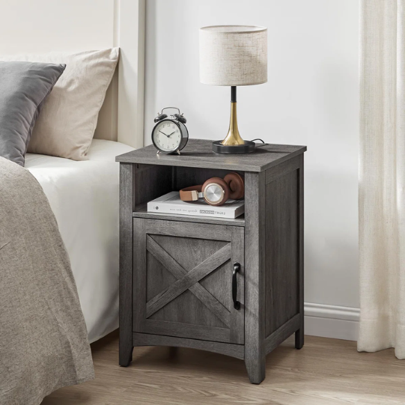 Farmhouse Nightstand with Cabinet & Open Compartment – Rustic Bedside Table, Distressed Finish, Barn Door Style, Matte Black Metal Handles, Flared Legs, Versatile Storage for Bedroom or Living Room