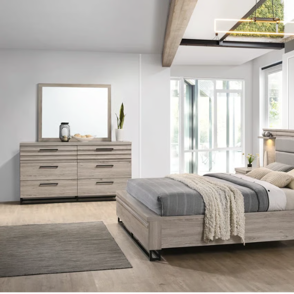 Upholstered 5-Piece Bedroom Set with Weathered Gray Finish, LED Piers, and Functional Storage