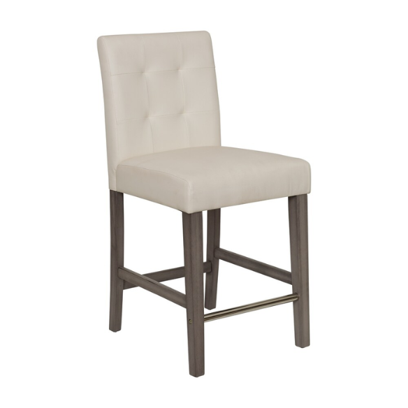 Upholstered 25" Counter Height Bar Stool – Modern Farmhouse Design with Tufted Back, Foam Padded Seat, Washed Grey Solid Wood Legs, and Durable Steel Footrest