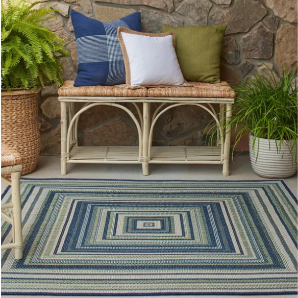 Coastal-Inspired Geometric Rug – Fade & Stain-Resistant,Ivory,Green,Blue Pattern, Ideal for Indoor/Outdoor Use