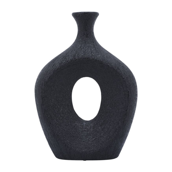 Abstract Sculptural Ceramic Vase with Unique Oval Cut-Out Design – 13" Modern Beaded Accent Vase for Tabletop or Shelf Décor, Ideal for Faux Florals and Statement Styling