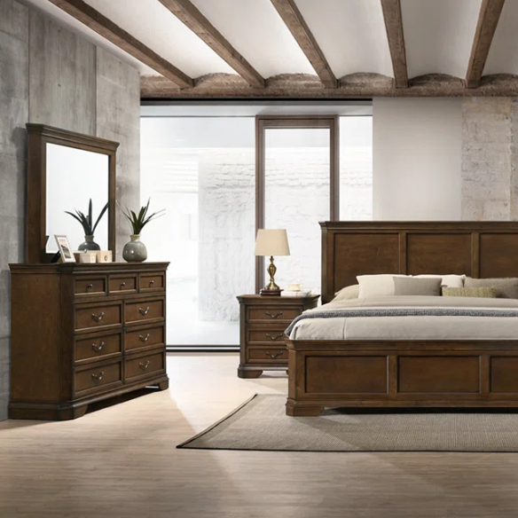 Transitional 6-Piece Bedroom Set with Panel Bed, Dresser, Mirror, Chest, and Nightstands – Featuring Trio Panel Headboard and Footboard, Dust-Proof Drawers, Dual-Tone Finish, and Dark Nickel Hardware for a Stylish and Functional Bedroom