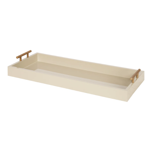 Sleek and Sophisticated Long Rectangular Serving Tray – High Gloss Wood with Polished Metal Handles, Perfect for Entryway, Vanity, or Coffee Table