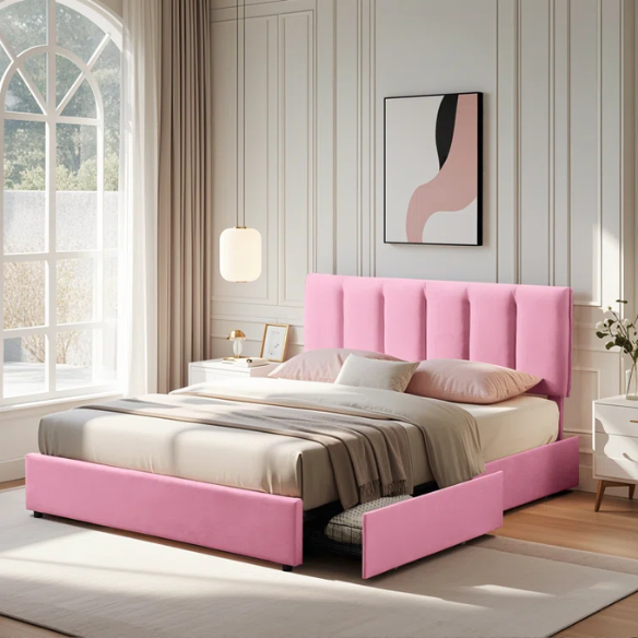 Velvet Upholstered Queen Size Platform Bed with Adjustable Headboard and 4 Storage Drawers