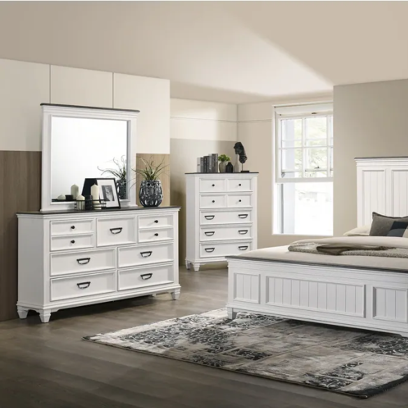 Modern Farmhouse 5-Piece Wood Bedroom Set with Shiplap Detailing, Weathered White Finish, and Black Finished Hardware