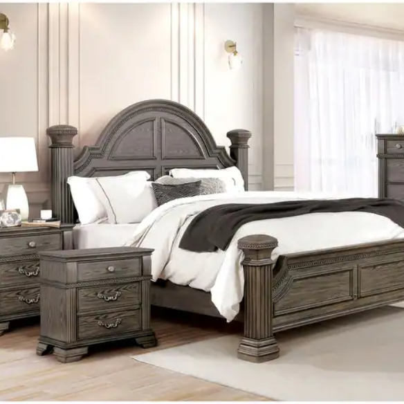Elegant Traditional 3-Piece Wood Poster Bedroom Set with Beaded Trim, Reeded Posts, and USB Nightstands