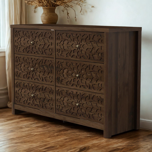 Boho-Inspired 45.4" 6-Drawer Dresser with Distressed Finish and Openwork Floral Details