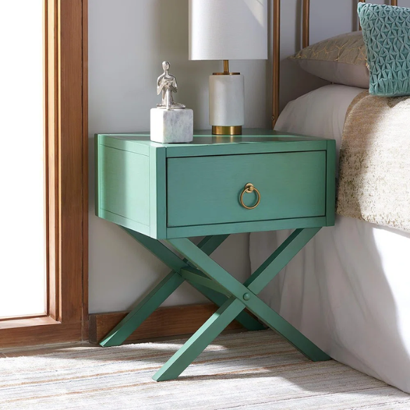 1-Drawer Nightstand – Classic Campaign Style with Contemporary Chic, Acacia Wood Frame, Cross-Base Design, Bold Finish, Gold Drawer Pull, Perfect for Modern Bedrooms