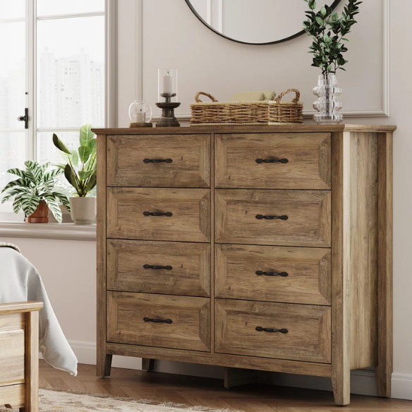 French Country-Inspired 8-Drawer 47.3" Double Dresser with Rustic Finish, Crown Molding, and Tapered Legs