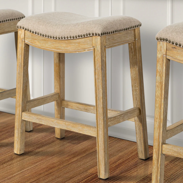 Saddle-Seat Wood Bar Stool with Upholstered Seat – Stylish and Durable Counter Stool in Weathered Natural Finish