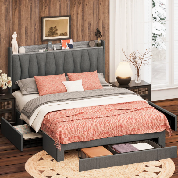 Upholstered Full/Double Bed Frame with 3 Drawers, Storage Headboard & Built-In Charging Station – Stylish & Functional Design