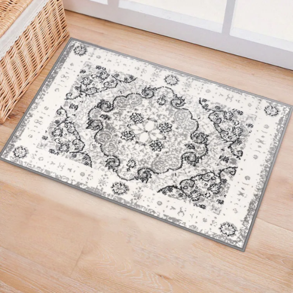 Distressed Oriental-Inspired Indoor Rug – Gray, Silver & Ivory Medallion Pattern, Stain-Resistant, Fade-Resistant, Perfect for Traditional & French Country Décor