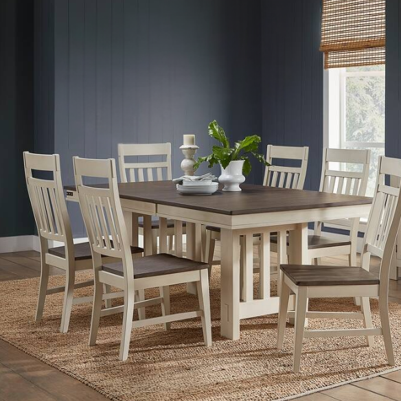7-Piece Solid Wood Dining Set - Trestle Table with Self-Storing Leaf and Comfortable Side Chairs
