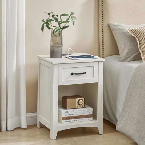 Farmhouse-Style Nightstand with Built-In Charging Station – Engineered Wood, Spacious Top, Drawer & Open Compartment, Matte Black Metal Handle, USB-A & USB-C Ports, AC Outlets, Ideal for Bedroom or Living Room