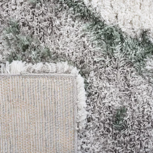 Plush Abstract Green, Grey, and White Pattern Shag Rug