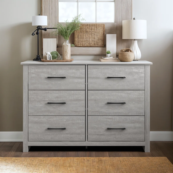 Modern 6-Drawer Double Dresser with Flared Feet and Sleek Black Metal Handles