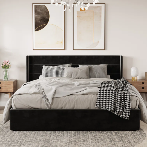 Modern King Size Upholstered Platform Bed with Hydraulic Lift Storage – Sleek Grooved Headboard, Space-Saving Design, and No Box Spring Needed