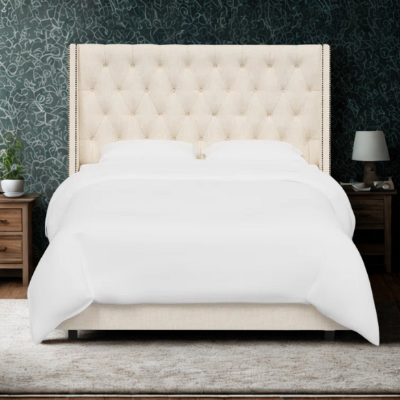 Chic Upholstered Wingback King Size Bed with Button Tufting and Nailhead Trim
