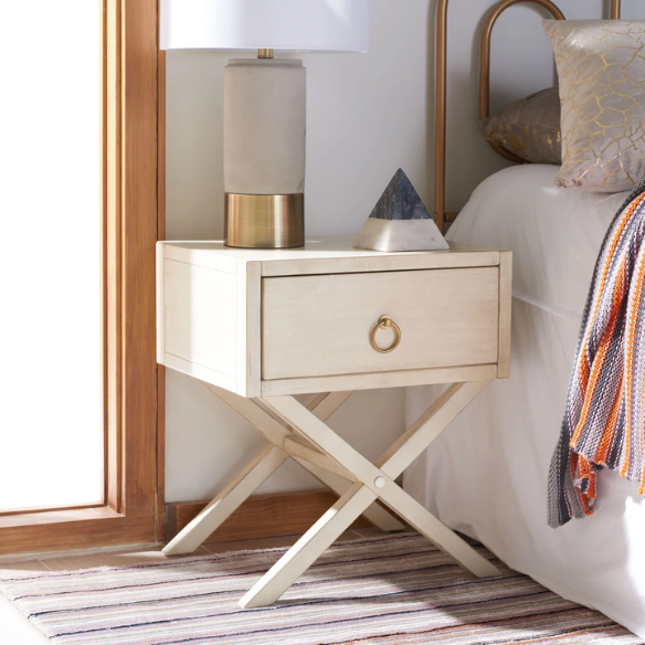 1-Drawer Nightstand – Classic Campaign Style with Contemporary Chic, Acacia Wood Frame, Cross-Base Design, Bold Finish, Gold Drawer Pull, Perfect for Modern Bedrooms