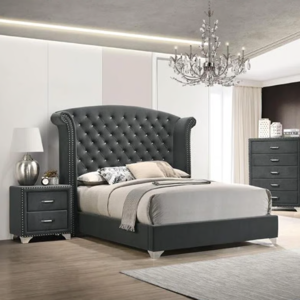 Luxurious 5-Piece Tufted Upholstered Bedroom Set with Wingback Headboard, Nailhead Trim, Velvet Fabric, Dresser, Chest, Nightstand, and Mirror for a Grand and Elegant Sleep Sanctuary