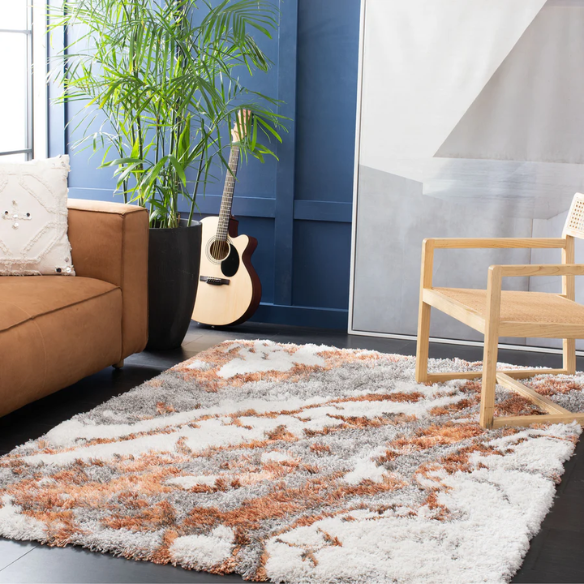 Plush Abstract Rust, Grey, and White Pattern Shag Rug